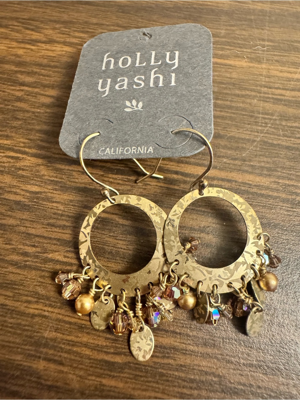 Holly Yashi Gold Etched Crystal Chandelier Dangle Earrings California